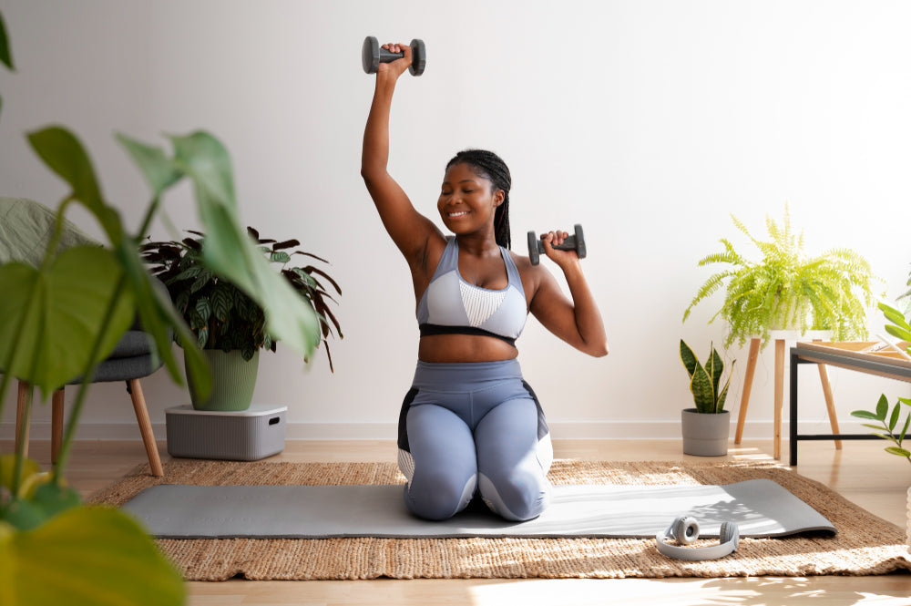 Imagem de uma mulher a treinar em casa com halteres, ajoelhada sobre um tapete, num espaço luminoso com plantas, associada a fitness e bem-estar.