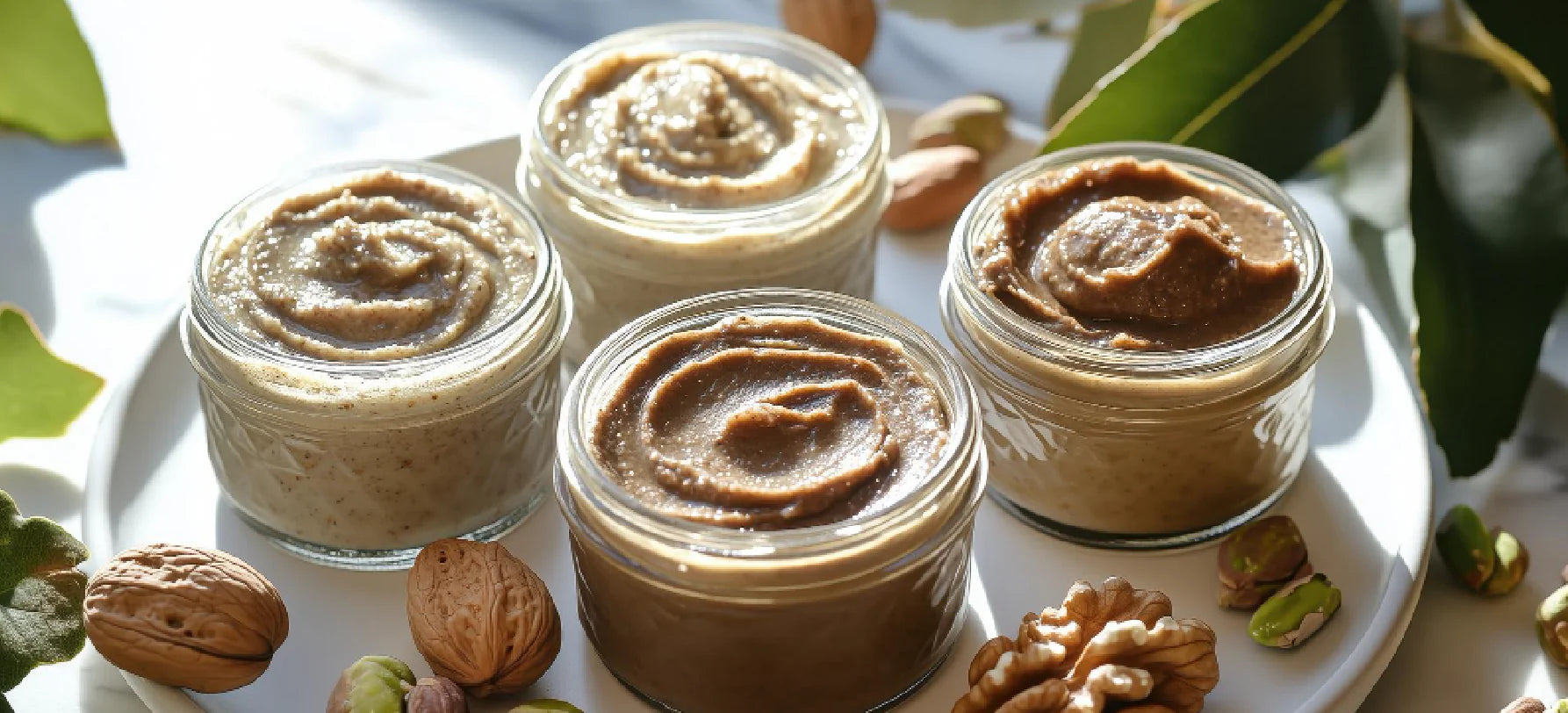 Pastas de frutos secos em destaque, transmitindo nutrição natural, energia e sabor numa alimentação equilibrada.