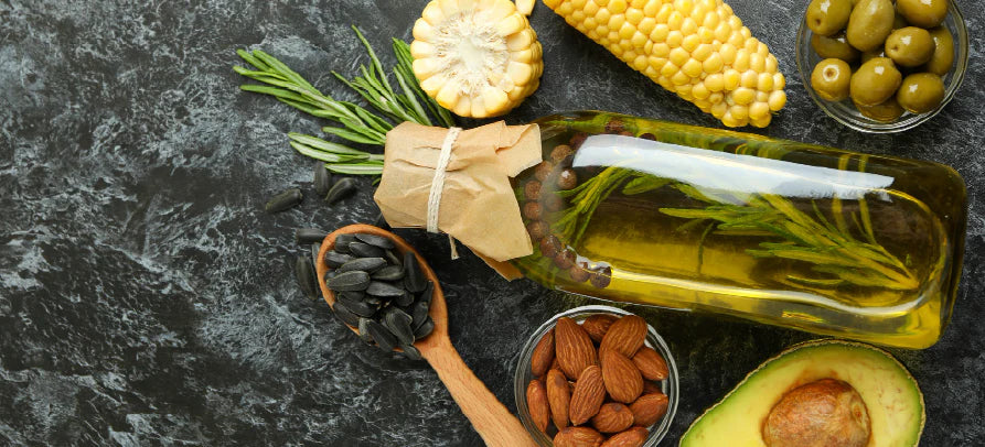 Alimentos ricos em vitamina E em destaque, transmitindo proteção antioxidante, nutrição celular e cuidado natural da pele.