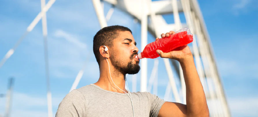 Atleta em pausa para hidratação, transmitindo energia, resistência e reposição durante a atividade física.