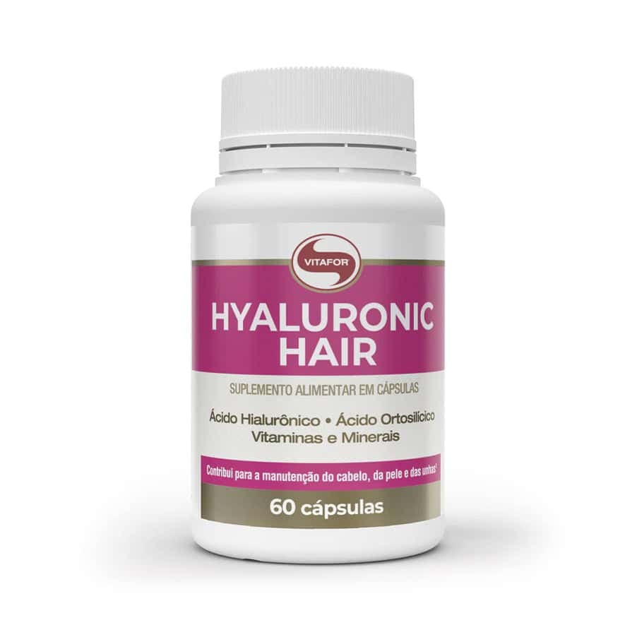 Suplemento alimentar Hyaluronic Hair da marca Vitafor em embalagem com 60 cápsulas, fórmula com ácido hialurónico, biotina e zinco para fortalecer cabelo, pele e unhas