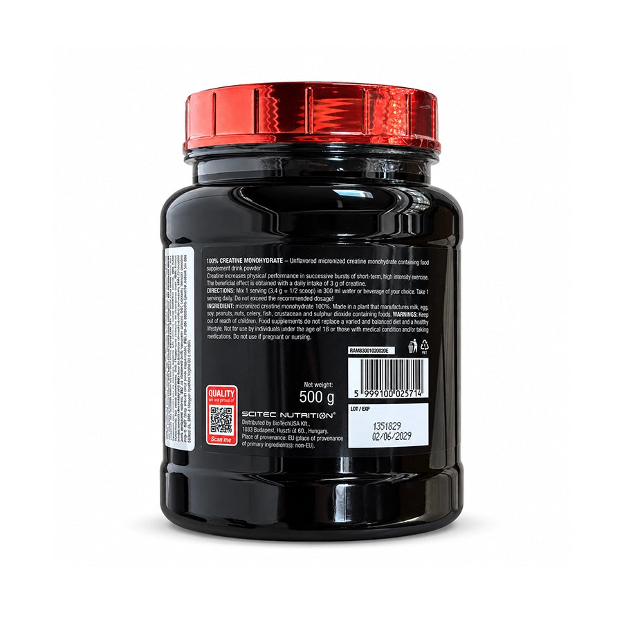 100% Creatina Monohidratada 500 g da Scitec Nutrition, suplemento em pó com creatina monohidratada para complementar a nutrição desportiva.