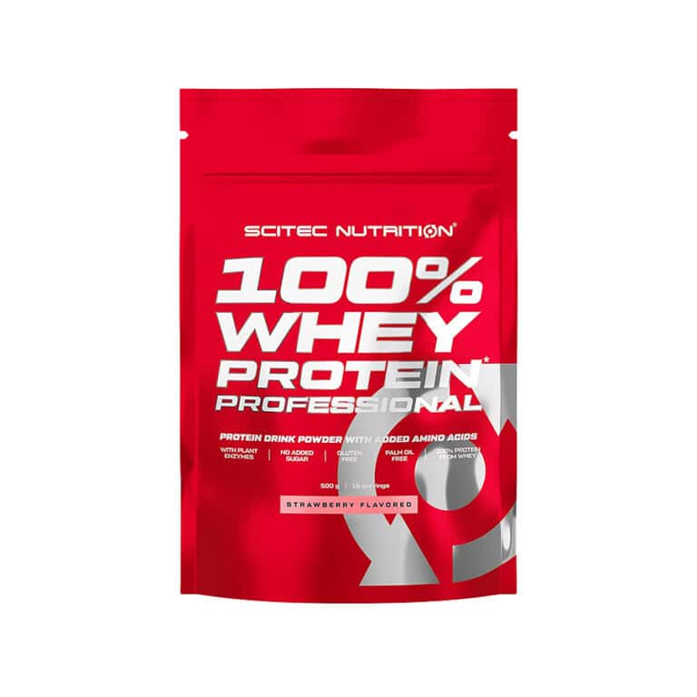 100% Whey Protein Professional Morango 500gr Scitec Nutrition, proteína de soro de leite em pó sabor morango.
