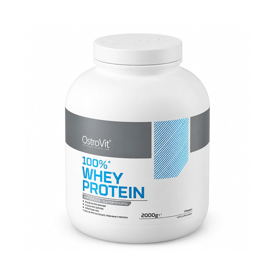 100% Whey Protein Tiramisu 2 kg da OstroVit, suplemento em pó à base de concentrado de proteína de soro de leite, com 21 g de proteína por dose.