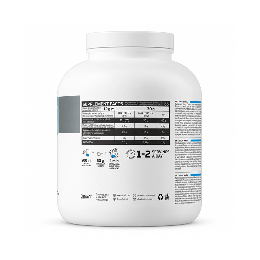 100% Whey Protein Tiramisu 2 kg da OstroVit, suplemento em pó à base de concentrado de proteína de soro de leite, com 21 g de proteína por dose.