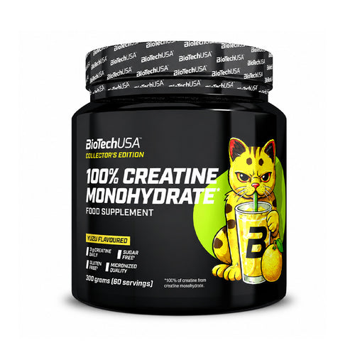 100% Creatine Monohydrate Yuzu 300g BioTechUSA é um suplemento alimentar em pó com sabor a yuzu, formulado com monohidrato de creatina micronizado.