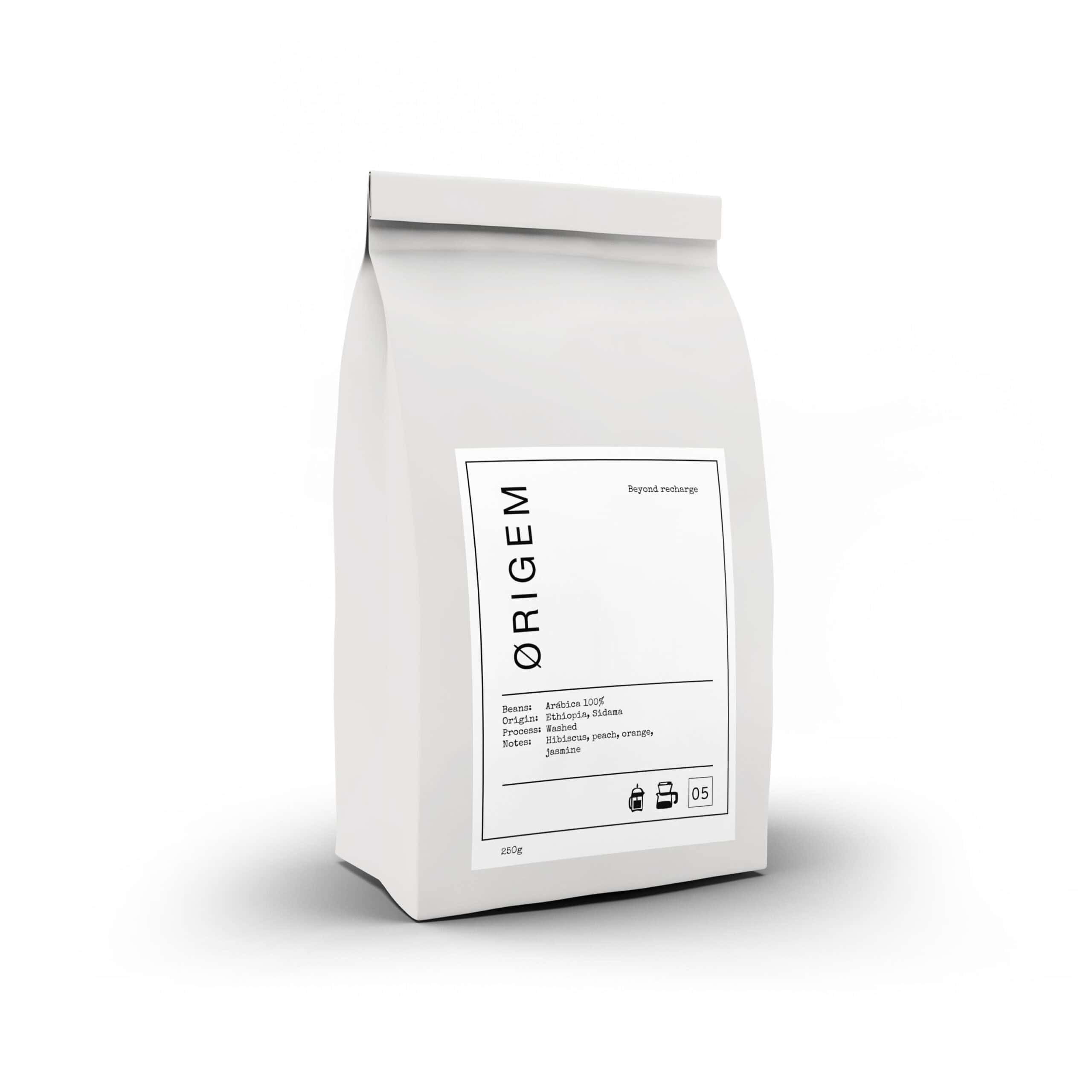 Café artesanal etíope en envase de 250 g de la marca Origem, elaborado con granos seleccionados de origen etíope.