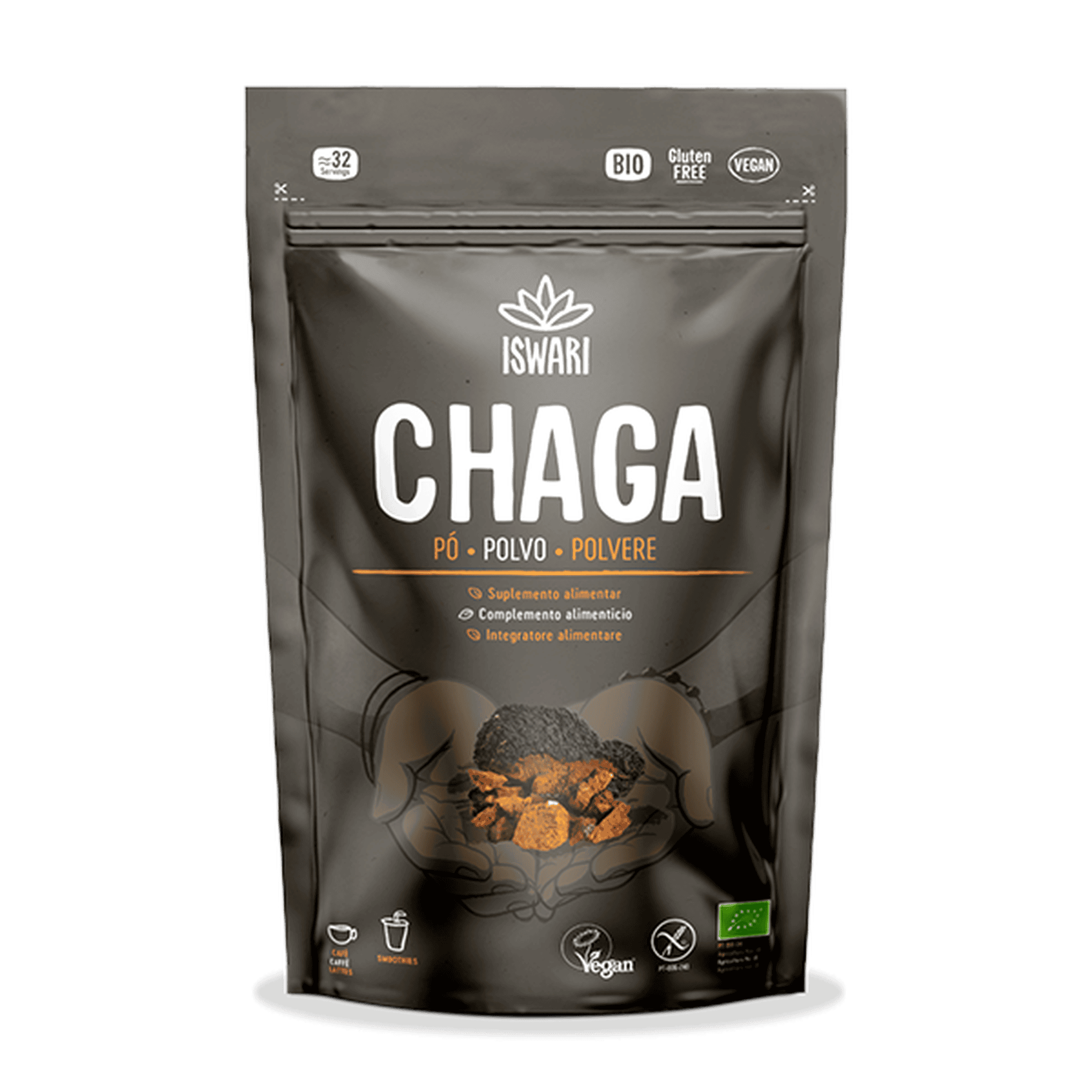 Cogumelo Chaga em pó Iswari 100g, suplemento natural de chaga (Inonotus obliquus), ideal para bebidas e receitas funcionais.