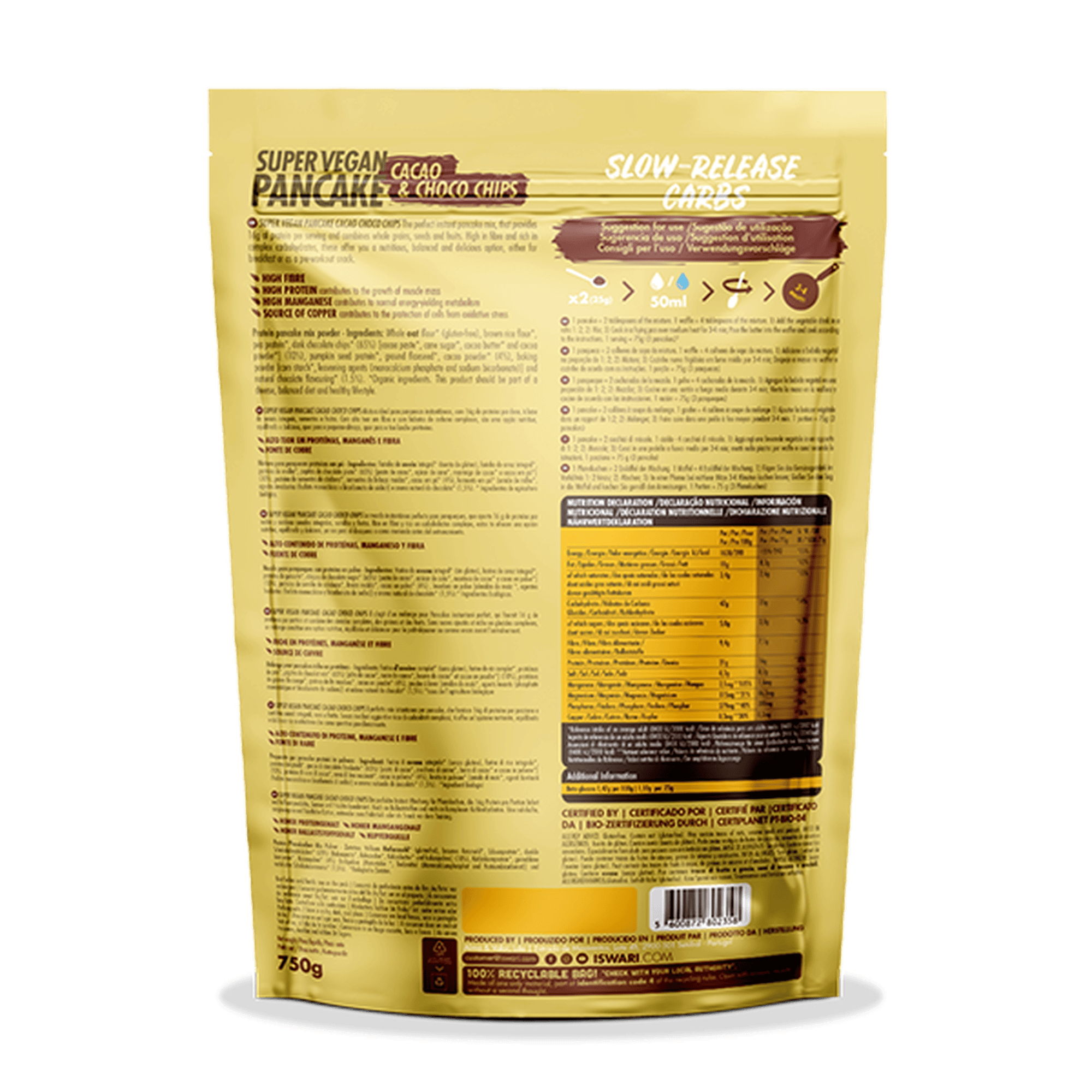 Mistura Super Vegan para Panquecas de Cacau com Pepitas de Chocolate da Iswari, embalagem de 750 g, ideal para pequenos-almoços e snacks veganos.