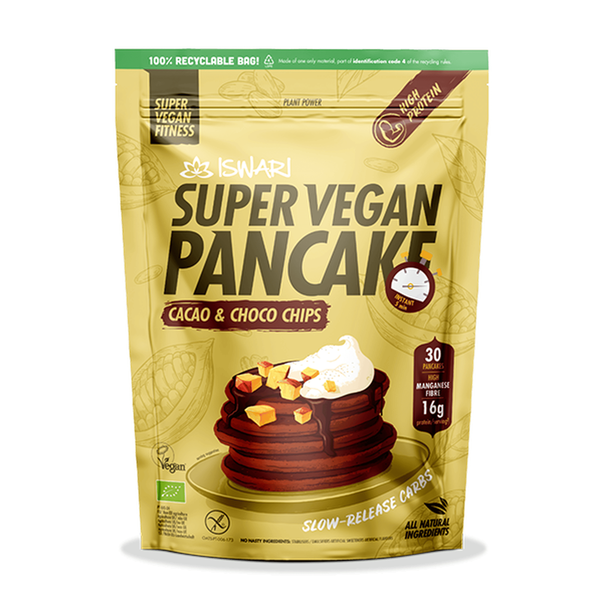 Mistura Super Vegan para Panquecas de Cacau com Pepitas de Chocolate da Iswari, embalagem de 750 g, ideal para pequenos-almoços e snacks veganos.