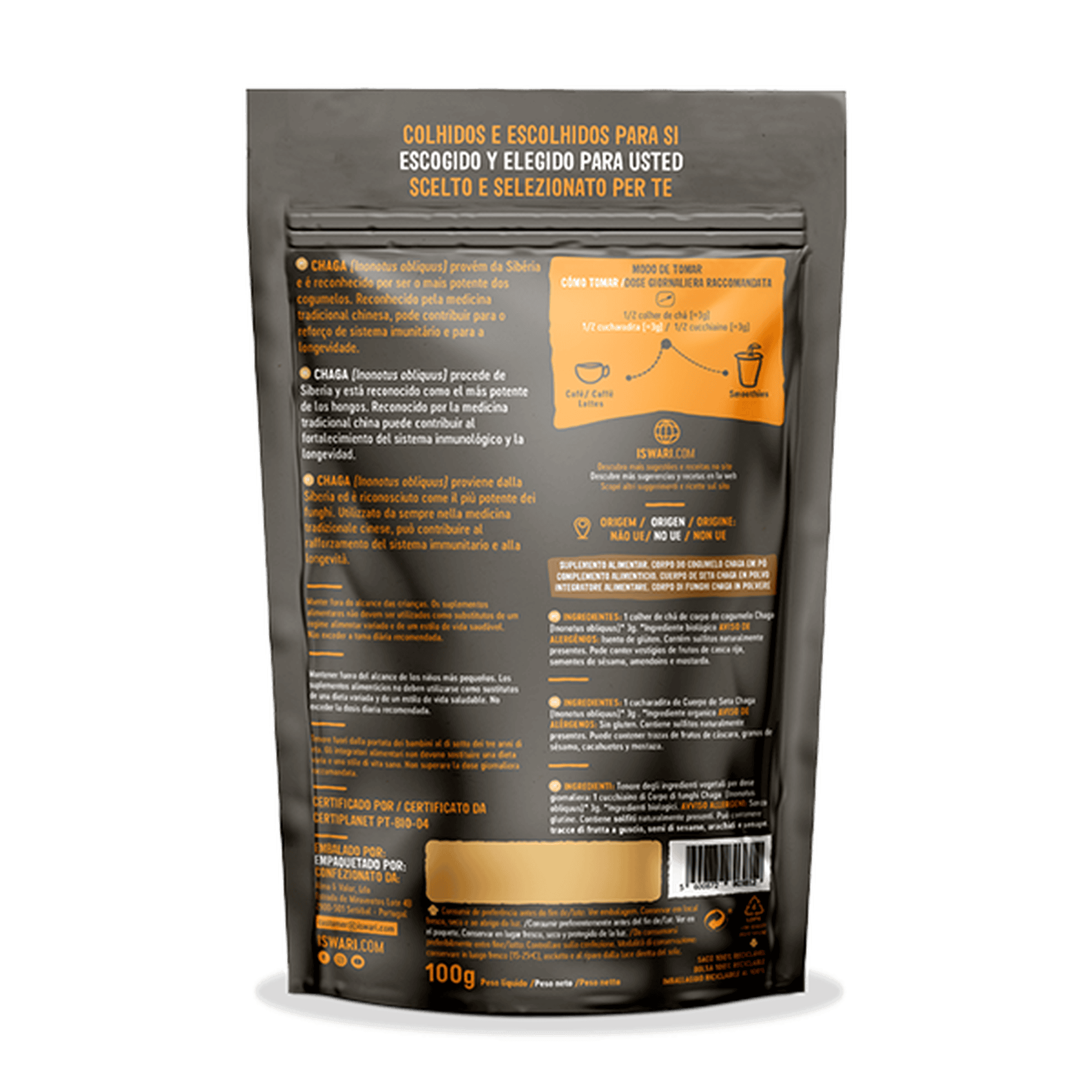 Cogumelo Chaga em pó Iswari 100g, suplemento natural de chaga (Inonotus obliquus), ideal para bebidas e receitas funcionais.