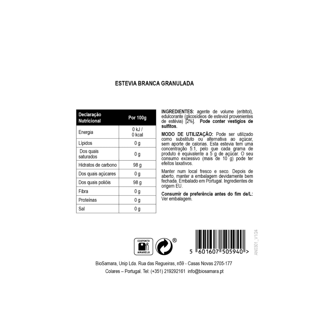 Stevia Branca Granulada 125g BioSamara em embalagem prática, adoçante natural granulado como alternativa ao açúcar.
