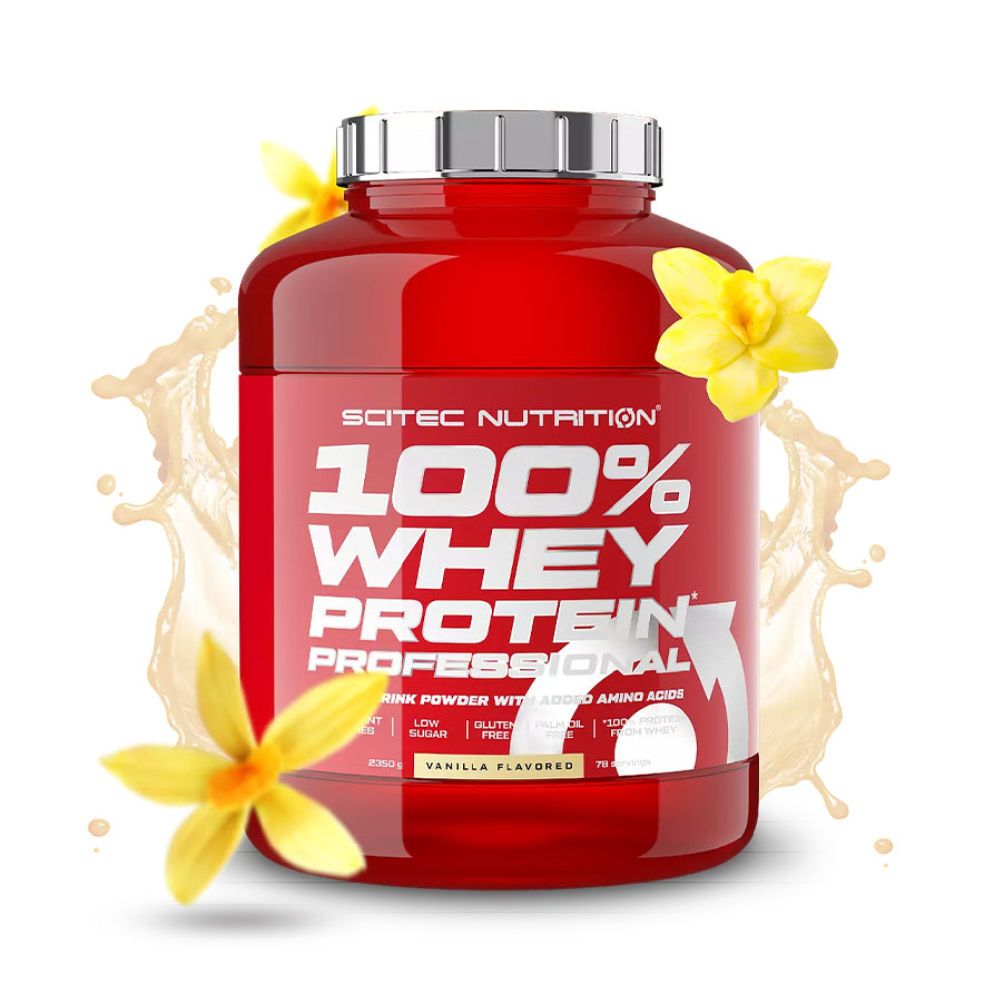 100% Whey Protein Professional da Scitec Nutrition em embalagem, proteína de soro de leite para nutrição desportiva