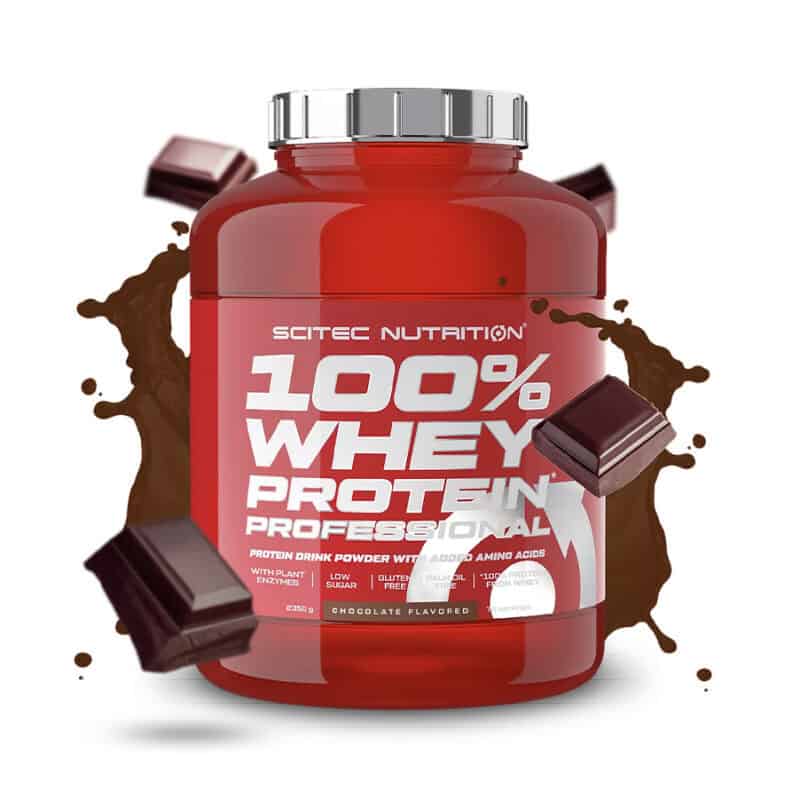 100% Whey Protein Professional Chocolate 2350 g da Scitec Nutrition, proteína de soro de leite em pó com sabor a chocolate.
