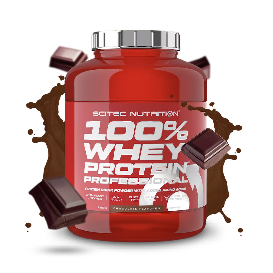 100% Whey Protein Professional da Scitec Nutrition em embalagem, proteína de soro de leite para nutrição desportiva