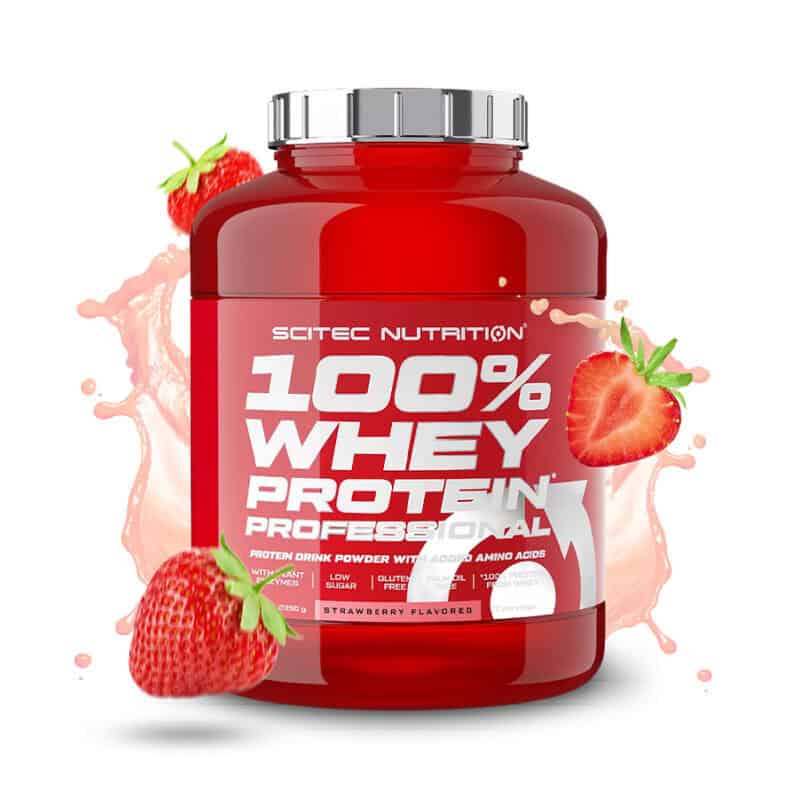 100% Whey Protein Professional Morango 2350 g da Scitec Nutrition, proteína de soro de leite em pó com sabor a morango.
