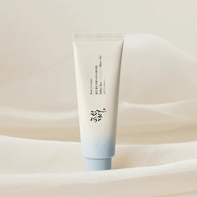 Frasco do Protetor Solar Relief Sun Aqua-Fresh Rice + B5 SPF50+ 50ml da Beauty of Joseon, com fórmula leve e hidratante para proteção diária.