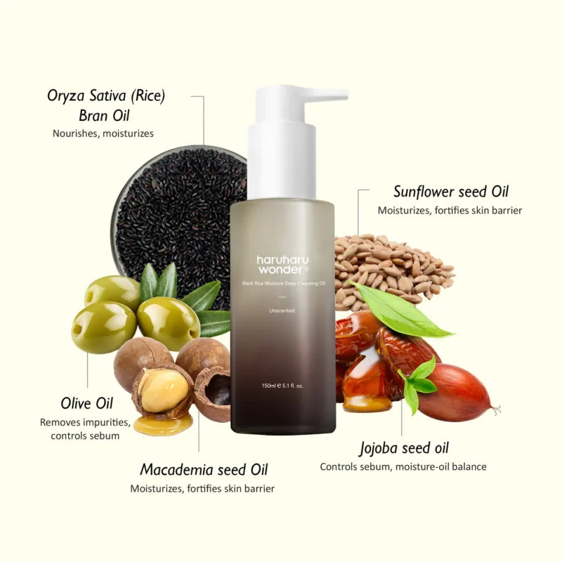 Black Rice Skincare Set Haruharu Wonder 150ml + 100ml + 150ml + 50ml, conjunto coreano com óleo de limpeza, gel de limpeza, tónico concentrado e creme hidratante.
