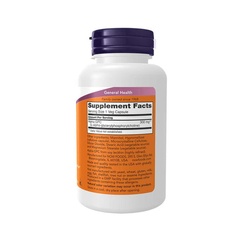 El suplemento Now Foods Alpha GPC de 300 mg, en un frasco de 60 cápsulas, favorece la función cognitiva y la memoria.