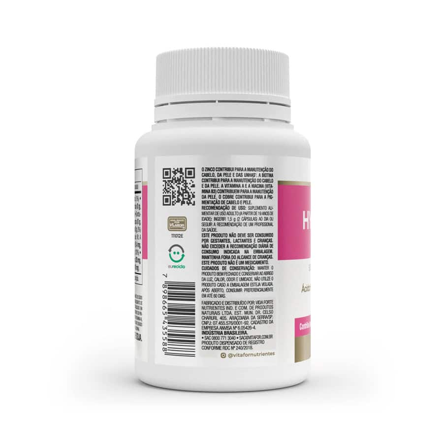 Suplemento alimentar Hyaluronic Hair da marca Vitafor em embalagem com 60 cápsulas, fórmula com ácido hialurónico, biotina e zinco para fortalecer cabelo, pele e unhas