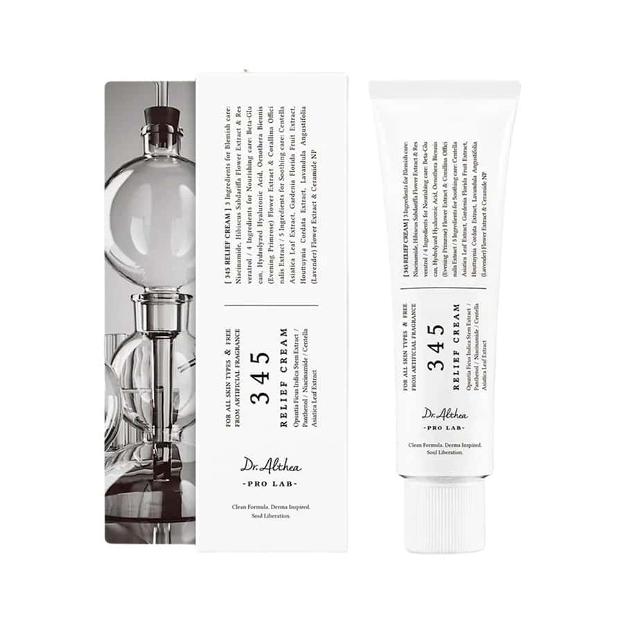 Frasco do 345 Relief Cream 50ml da Dr. Althea, creme calmante para pele sensível, com ingredientes naturais e textura leve.