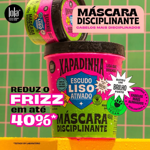 La mascarilla disciplinante Xapadinha de Lola (450 g) alisa y disciplina el cabello, reduciendo el encrespamiento hasta en un 40 % y aportando un brillo intenso. Su fórmula vegana la hace ideal para un cuidado capilar que deja el cabello suave, liso y luminoso.