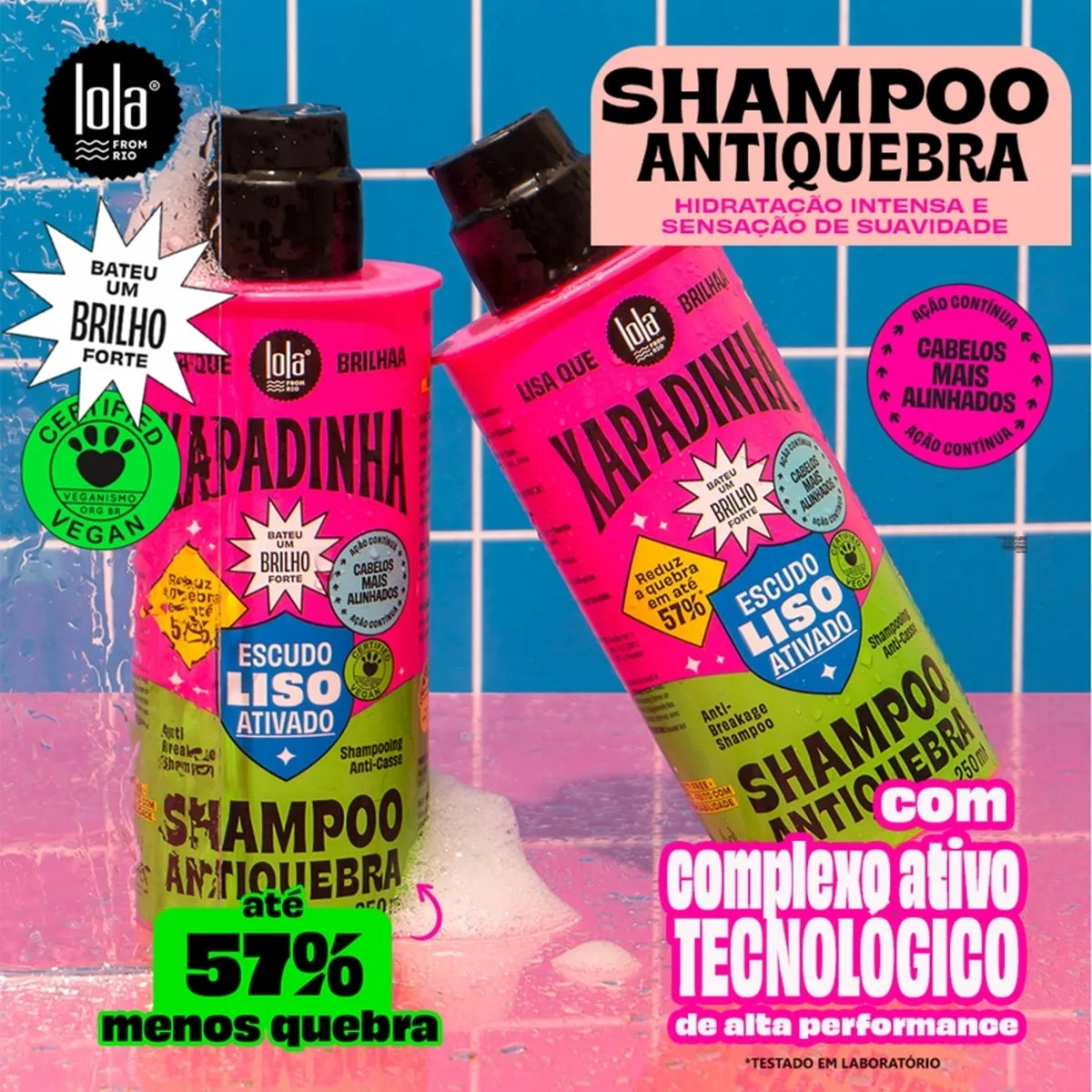 Xapadinha Shampoo Anti-Quebra de 250ml da marca Lola. É um Shampoo luxuoso com escudo protetor que suaviza e reduz a quebra dos cabelos em até  57%*, além de proporcionar brilho e fácil desembaraço.