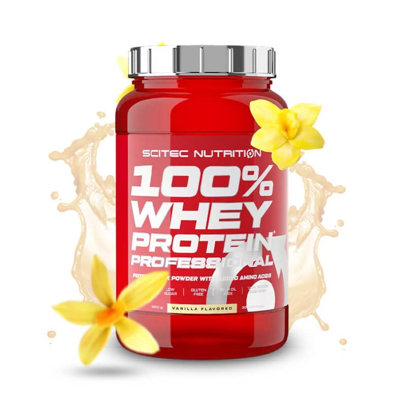 100% Whey Protein Professional Baunilha 920 g da Scitec Nutrition, proteína de soro de leite em pó com sabor a baunilha.
