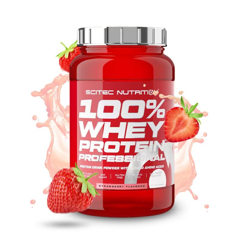 100% Whey Protein Professional Morango 920 g da Scitec Nutrition, proteína de soro de leite em pó com sabor a morango.

