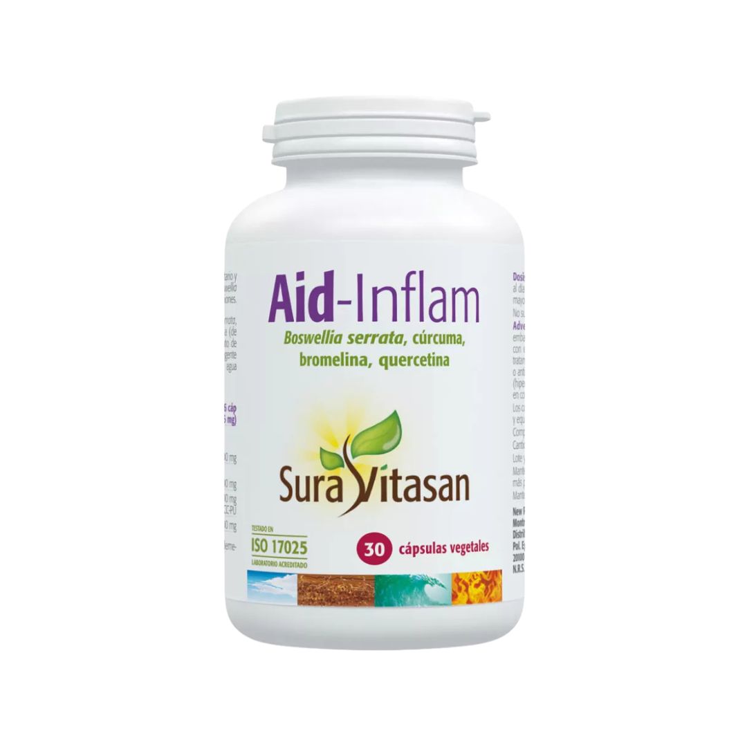 Aid-Inflam 30 Cápsulas Sura Vitasan, suplemento com boswellia, curcuma, quercetina e bromelina.