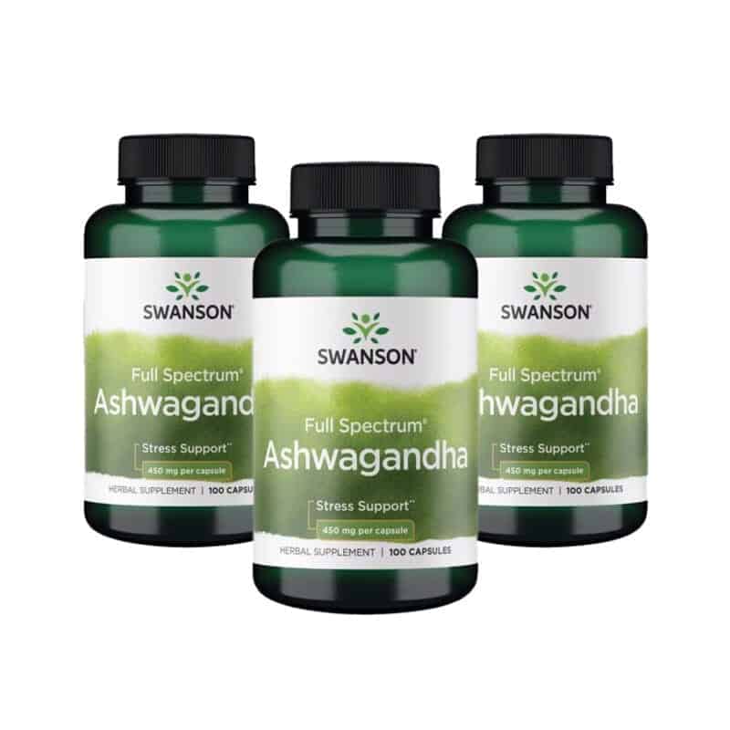 Ashwagandha 450mg pack 3 x 100 cápsulas Swanson suplemento adaptogénico para stress, ansiedade e equilíbrio emocional