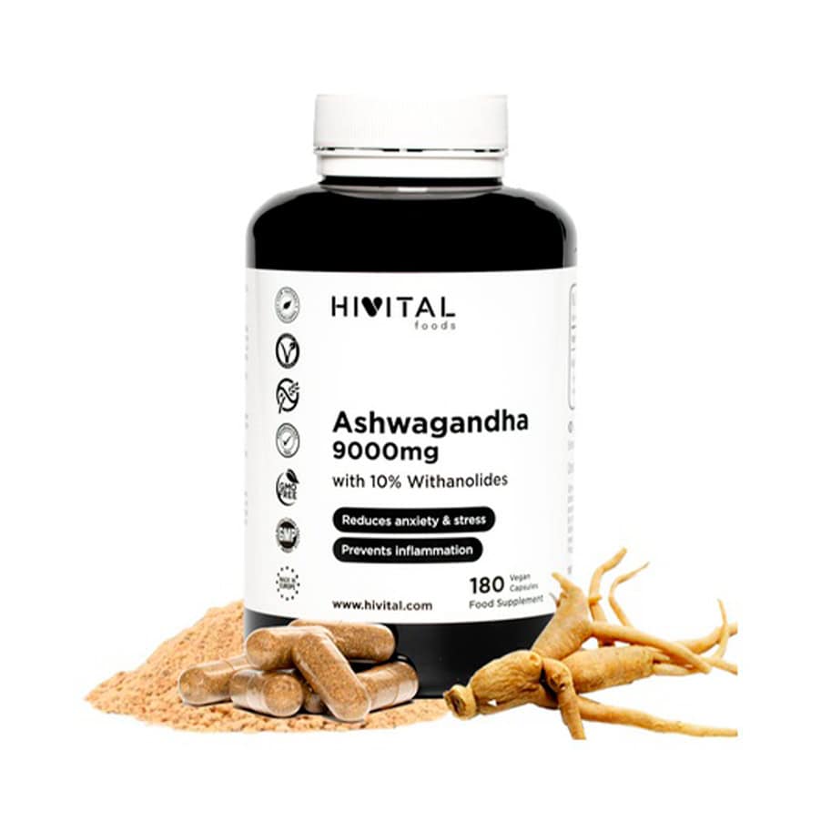 Frasco de Ashwagandha de 9000 mg con 180 cápsulas de Hivital, un suplemento adaptógeno para el equilibrio mental y físico.