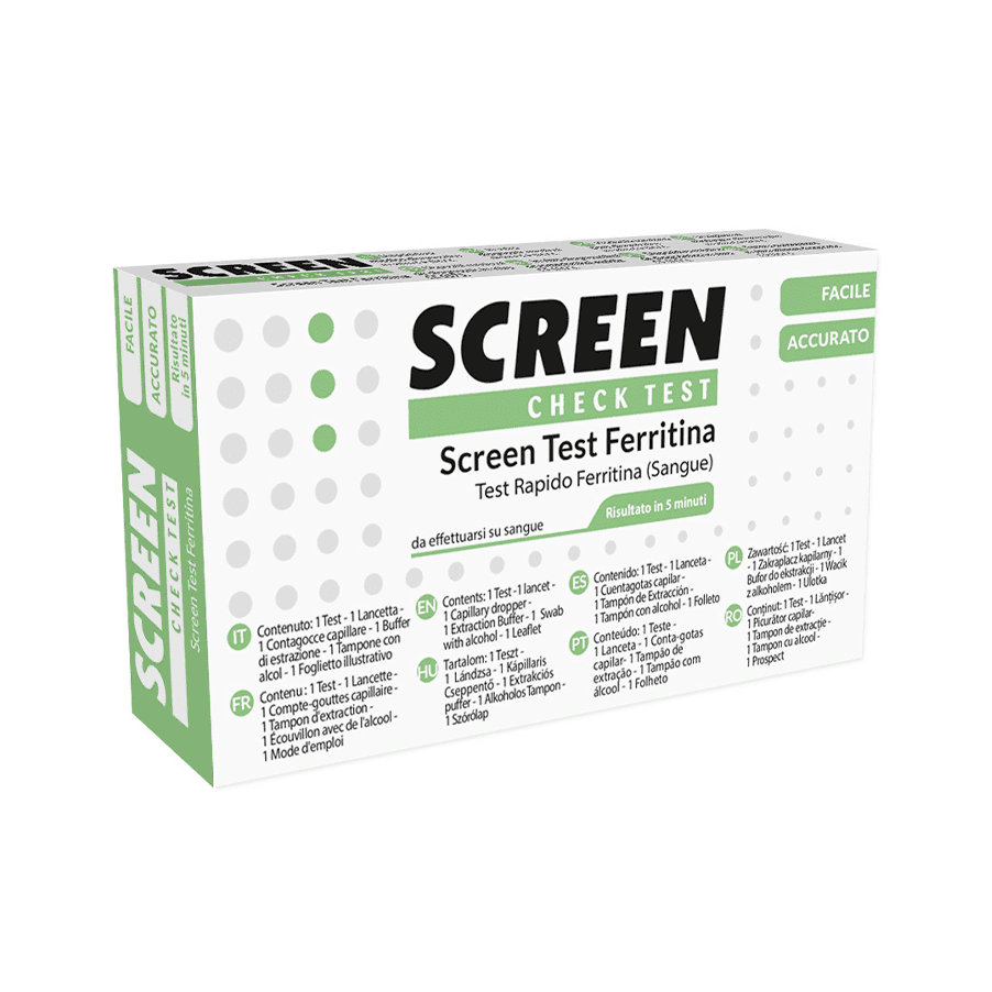 Envase del kit de autodiagnóstico de ferritina Screen Pharma (1 kit), una prueba rápida para evaluar los niveles de ferritina en la sangre.