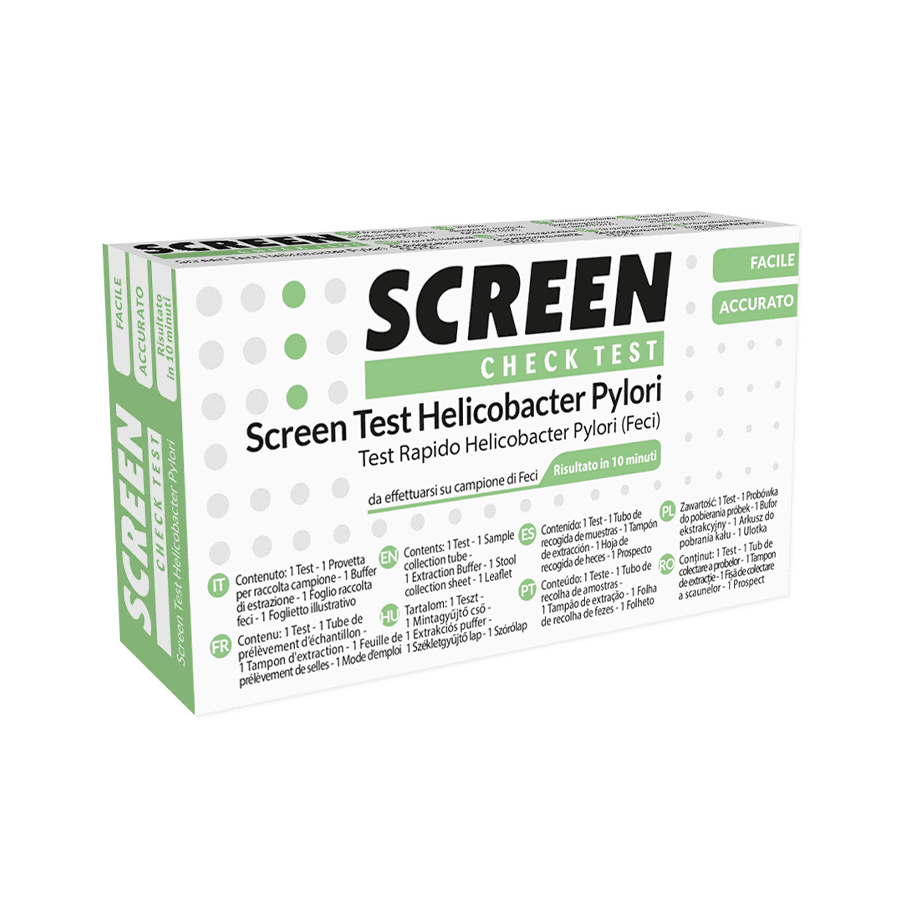 Envase del kit de autodiagnóstico de antígeno H. pylori de Screen Pharma, una prueba rápida para detectar la bacteria H. pylori.