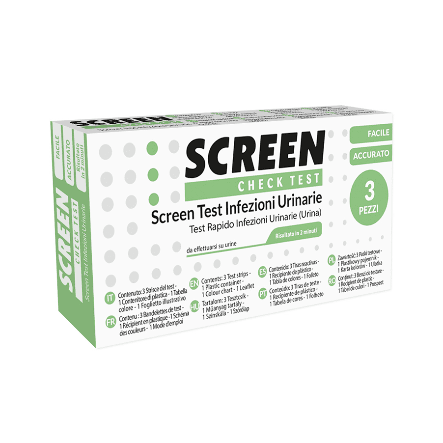 Envase del kit de autodiagnóstico para infecciones del tracto urinario de Screen Pharma (1 kit), una prueba rápida para detectar infecciones del tracto urinario.