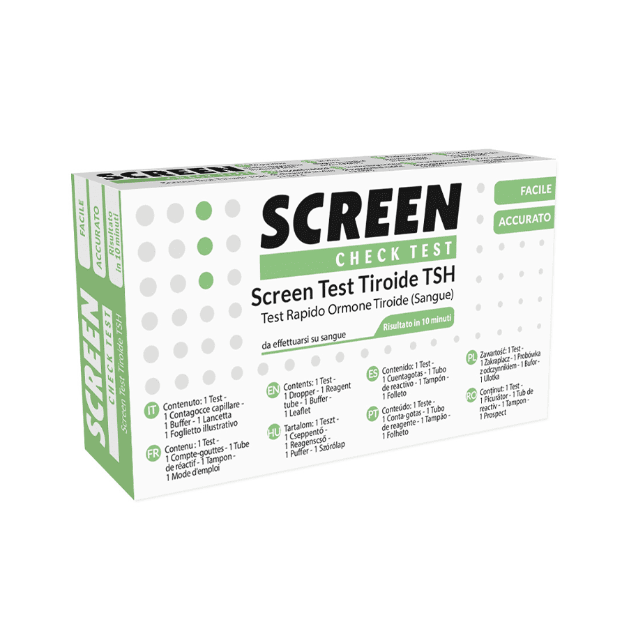 Envase del kit de autodiagnóstico de tiroides Screen Pharma (1 kit), una prueba rápida para el control de la función tiroidea.