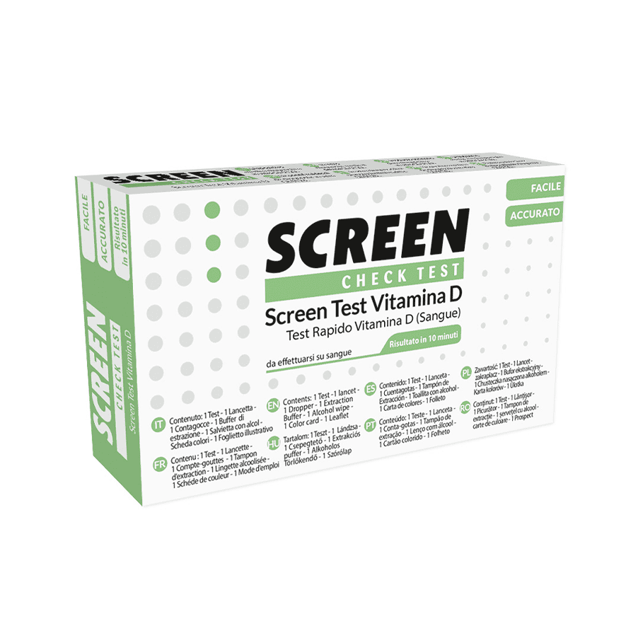 Envase del kit de autodiagnóstico de vitamina D de Screen Pharma, una prueba rápida para evaluar los niveles de vitamina D en el organismo.