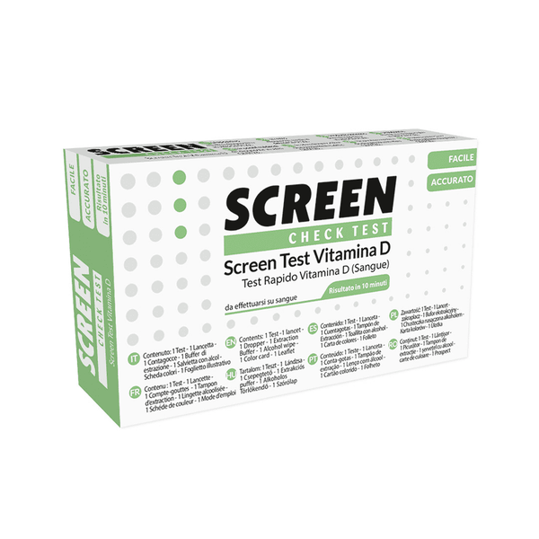 Envase del kit de autodiagnóstico de vitamina D de Screen Pharma, una prueba rápida para evaluar los niveles de vitamina D en el organismo.