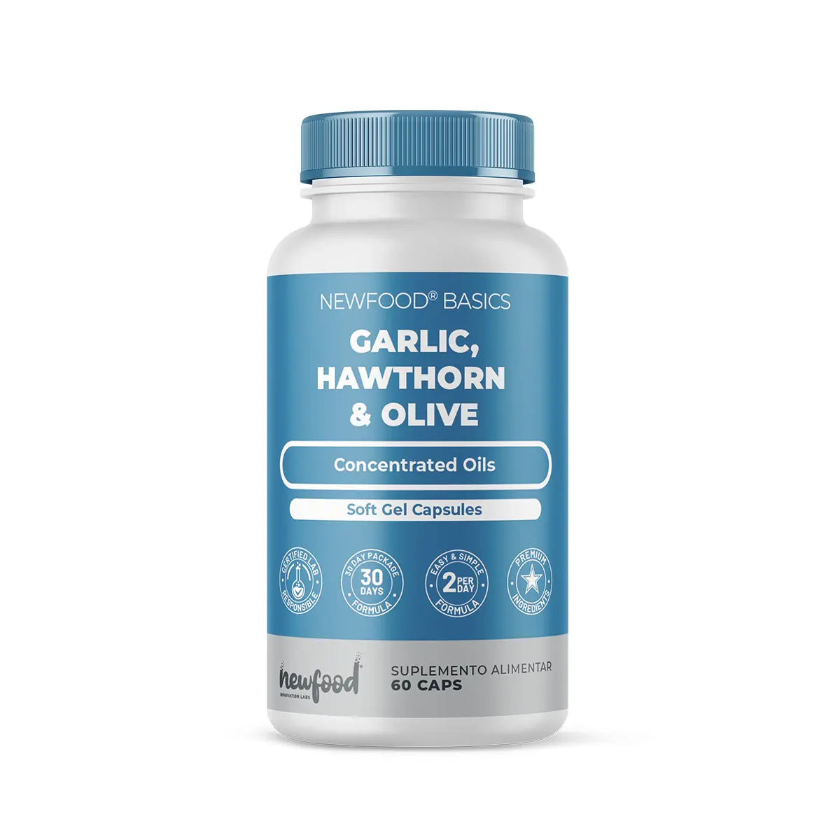 Frasco do Garlic, Hawthorn e Olive com 60 cápsulas da New Food, suplemento natural para apoio cardiovascular.