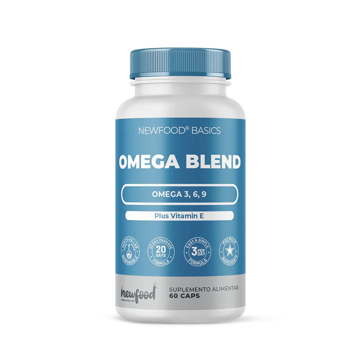 Frasco do Omega Blend com 60 cápsulas da New Food, suplemento completo de ómegas para suporte cardiovascular, cerebral e articular.