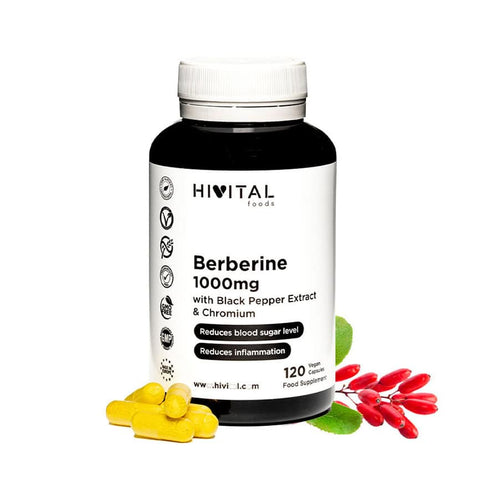 Frasco de berberina de 1000 mg con 120 cápsulas de Hivital, un suplemento natural para el apoyo metabólico y el control de la glucosa.