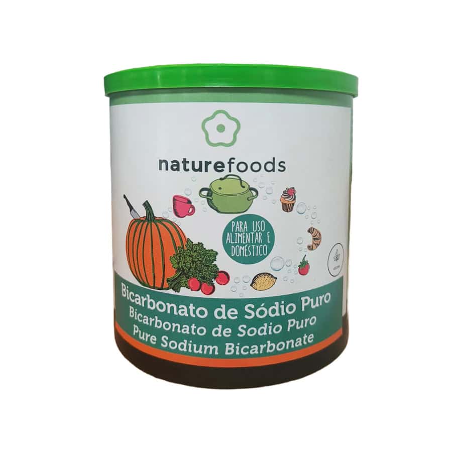 Bicarbonato de sodio puro de la marca Naturefoods en un envase de 750 g, un producto versátil para uso alimentario, limpieza natural y cuidado personal.