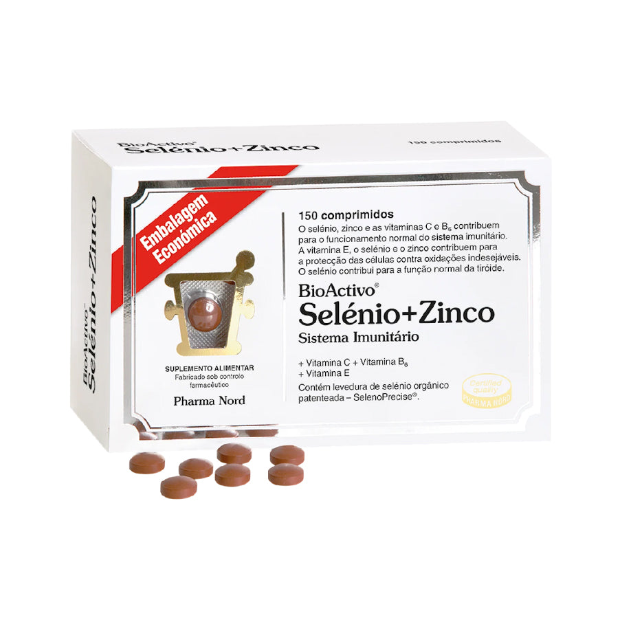 BioActivo Selénio + Zinco, da Pharma Nord, é um suplemento alimentar que combina selénio, zinco e vitaminas C, E e B6.