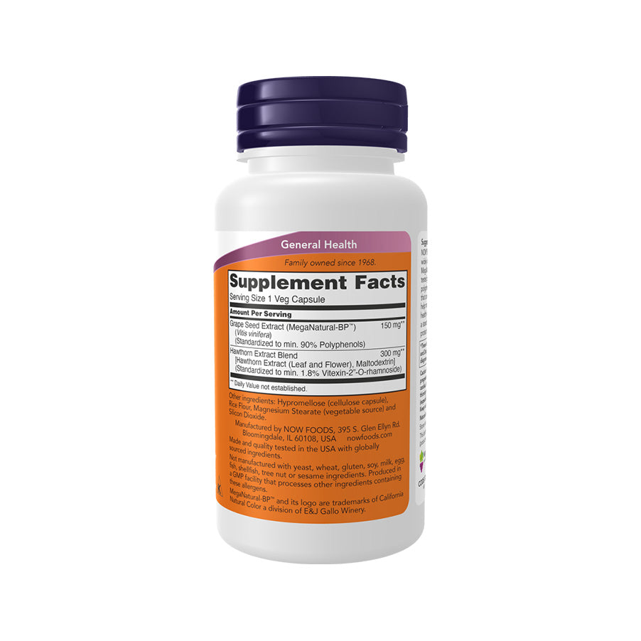 Blood Pressure Health 90 Cápsulas Now Foods é um suplemento alimentar à base de extratos vegetais de sementes de uva e espinheiro-alvar.
