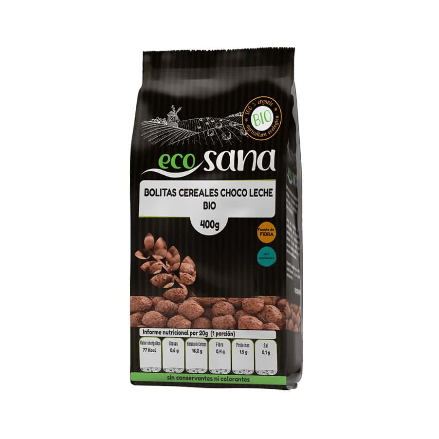 Bolitas de cereal orgánico con chocolate y leche de Ecosana, cereal crujiente orgánico con chocolate y leche.