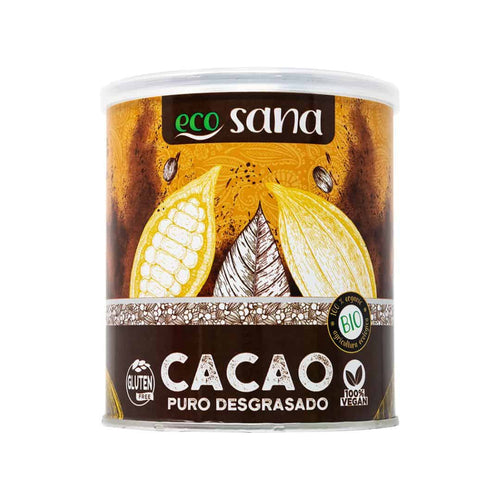 Cacao en polvo orgánico puro desgrasado de Ecosana, paquete de 275 gramos, ideal para recetas saludables y bebidas naturales.