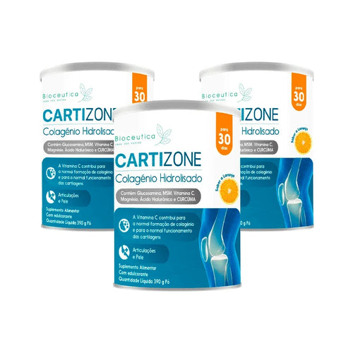 Cartizone colagénio hidrolisado 390g pack 3 Bioceutica suplemento em pó para articulações