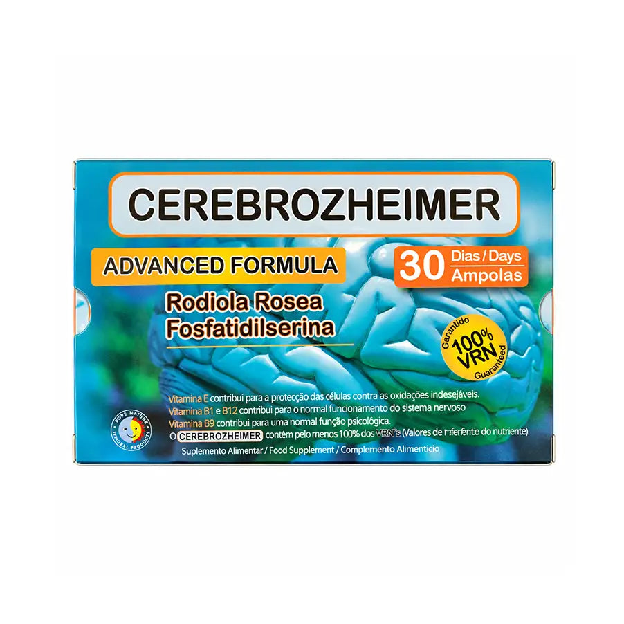 O Cerebrozheimer da Pure Nature é um suplemento alimentar em ampolas bebíveis formulado com geleia real, L-arginina, L-aspartato, lecitina de soja com fosfatidilserina, rodiola, ginseng, ginkgo, vitaminas e selénio.
