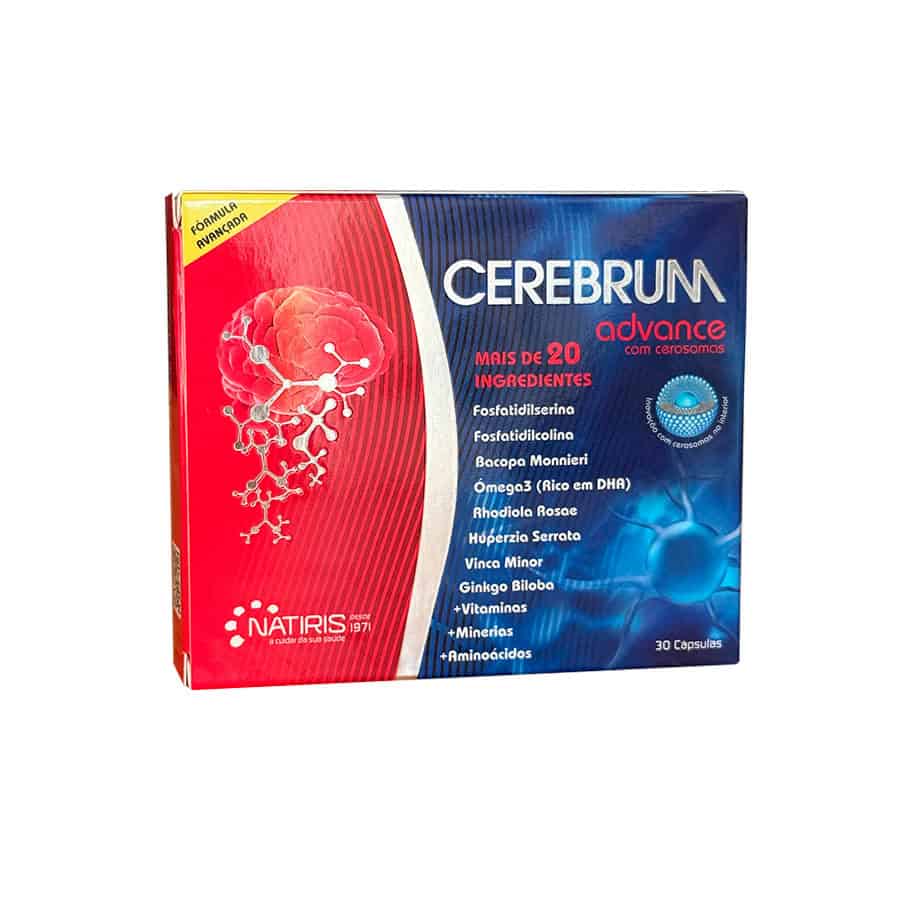 Frasco de Natiris Cerebrum Advance, suplemento que contiene 30 cápsulas, desarrollado para favorecer la memoria, la concentración y el rendimiento cognitivo.