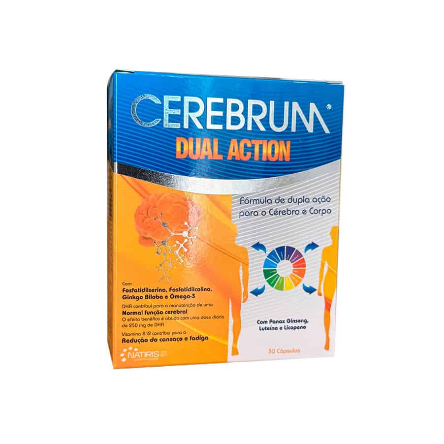 Frasco de Natiris Cerebrum Dual Action, complemento alimenticio que contiene 30 cápsulas, indicado para mejorar la memoria y la concentración.